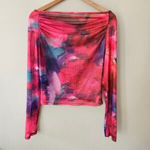 Women's Sheer Mesh Floral Top Size XL Long Sleeves Boat Neck Artsy Grunge Fairy